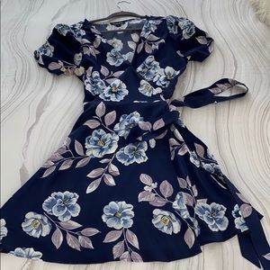 Fit and flare silk wrap dress floral navy print